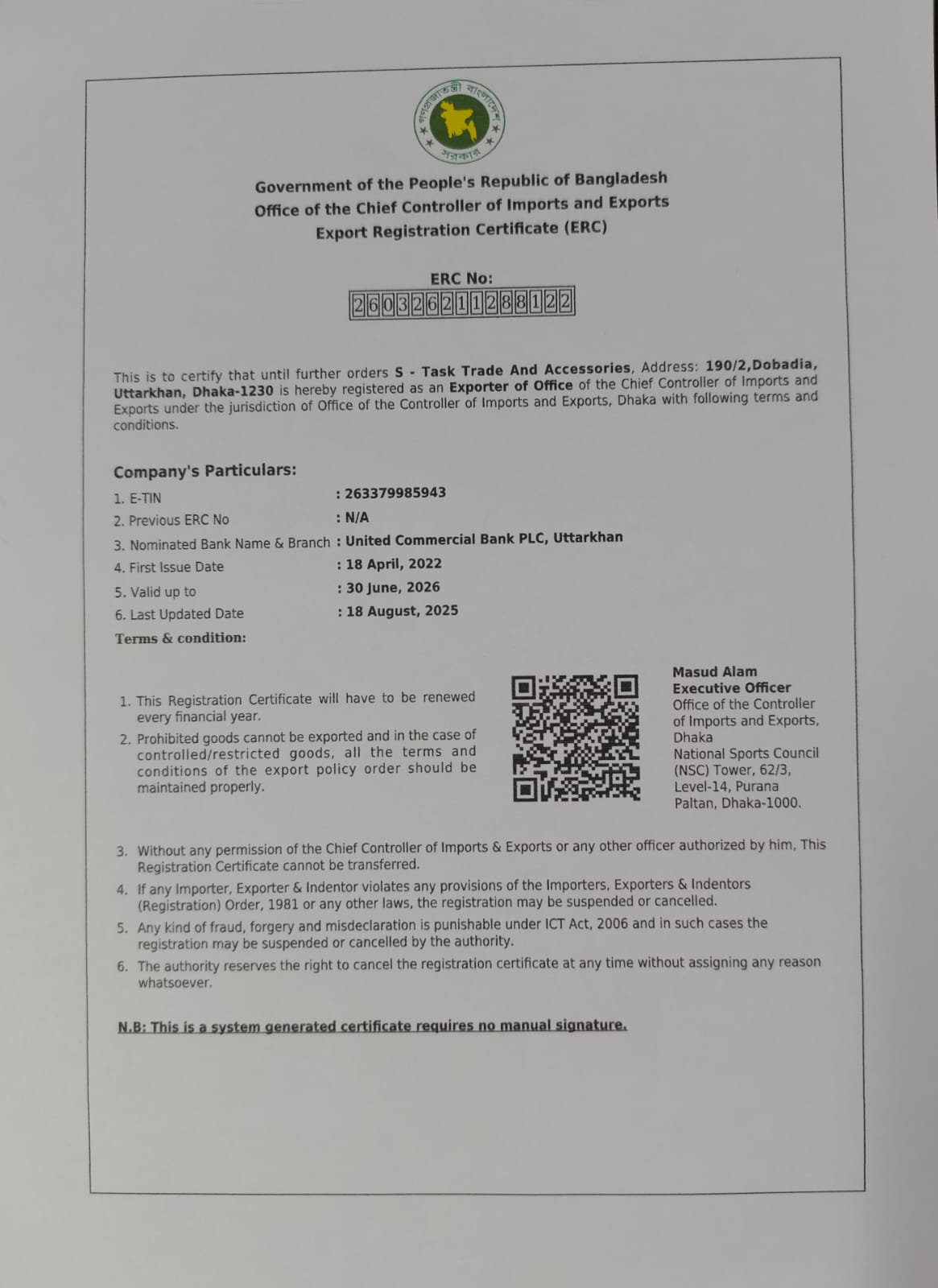 Export Registration Certificate